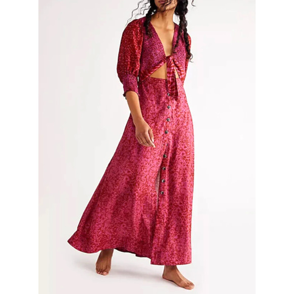 FREE PEOPLE String Of Hearts Women's Size XL Pink/Orange Printed Boho Maxi Dress - Picture 14 of 14